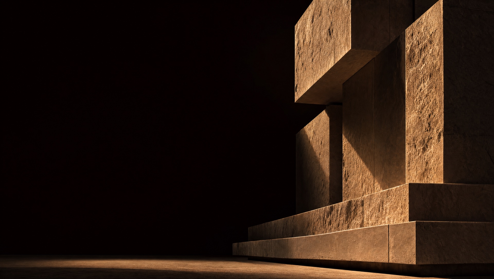 Monolithic warm-stone forms lit by a single raking light against near-black
