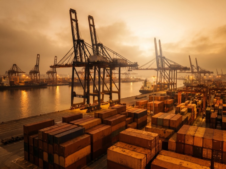 Global commodities shipping port at dusk