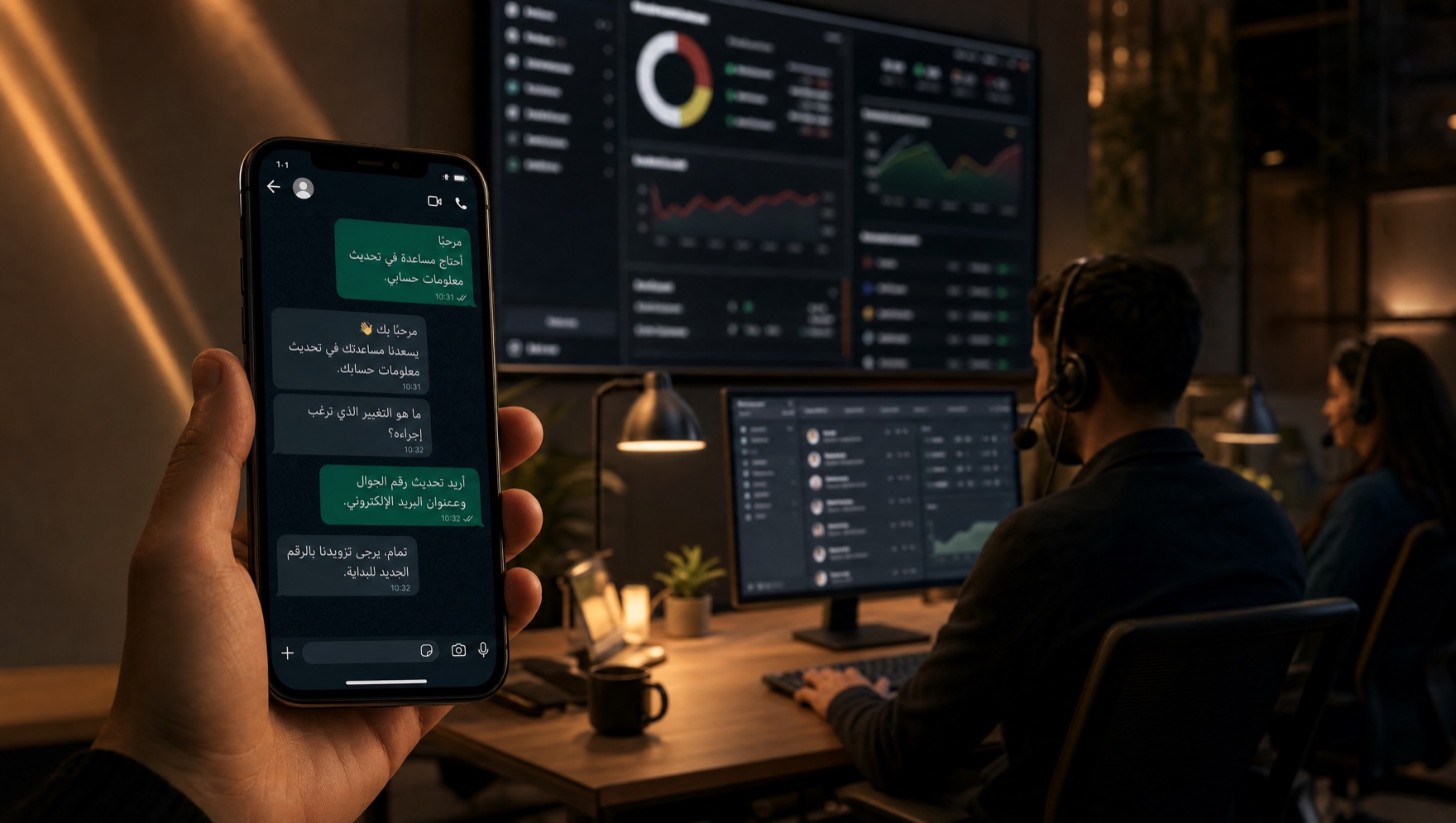 A Saudi contact centre where Kaephor's Gulf-dialect WhatsApp agent answers customers